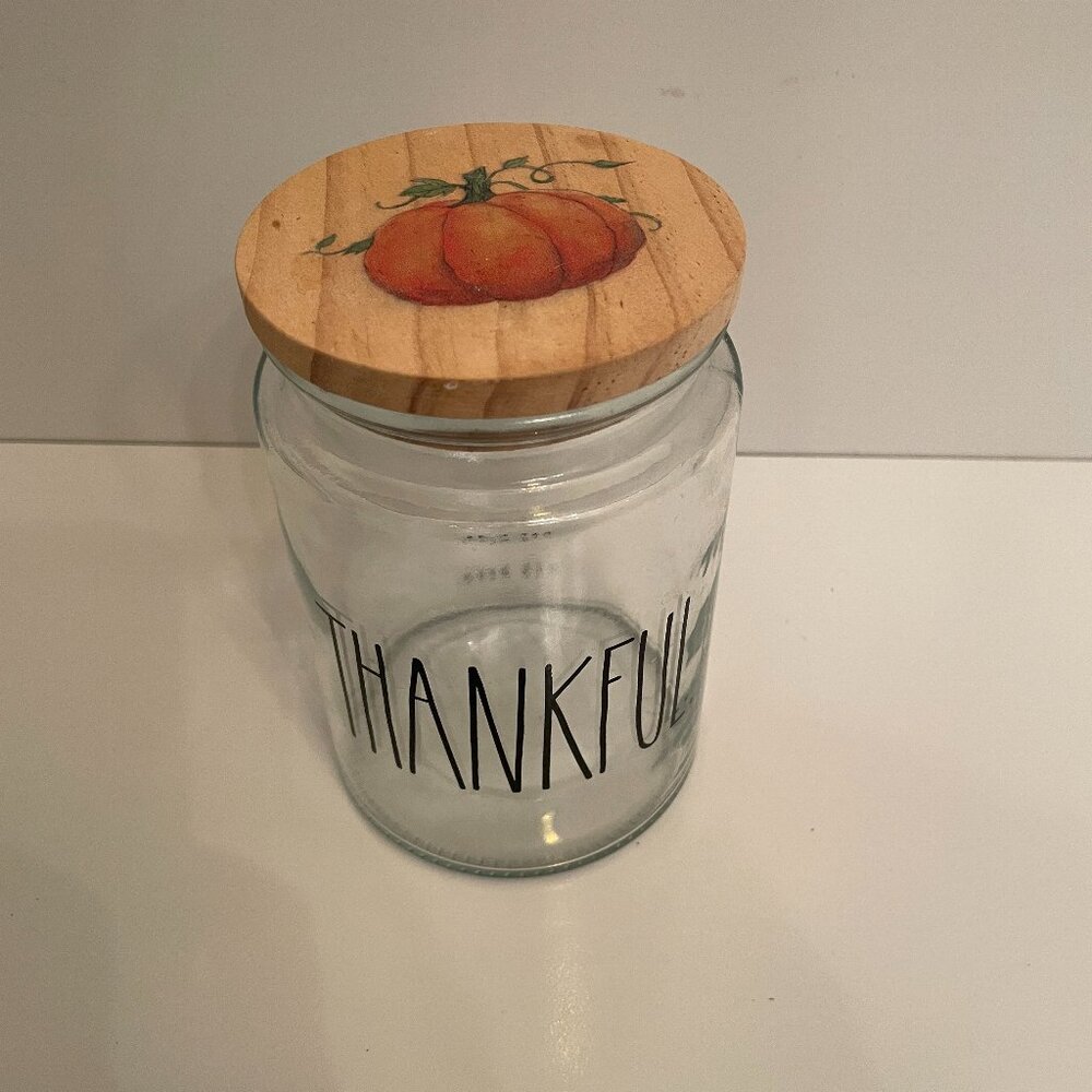 Rae Dunn THANKFUL‎ Fall Decor Glass Jar Pumpkin Decor Wood Lid